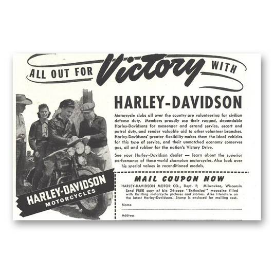 1942 Harley Davidson All Out for Victory Vintage Magazine Print Ad