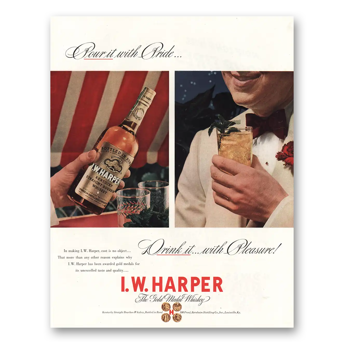 1942 I W Harper Whiskey Pour It With Pride Vintage Magazine Print Ad