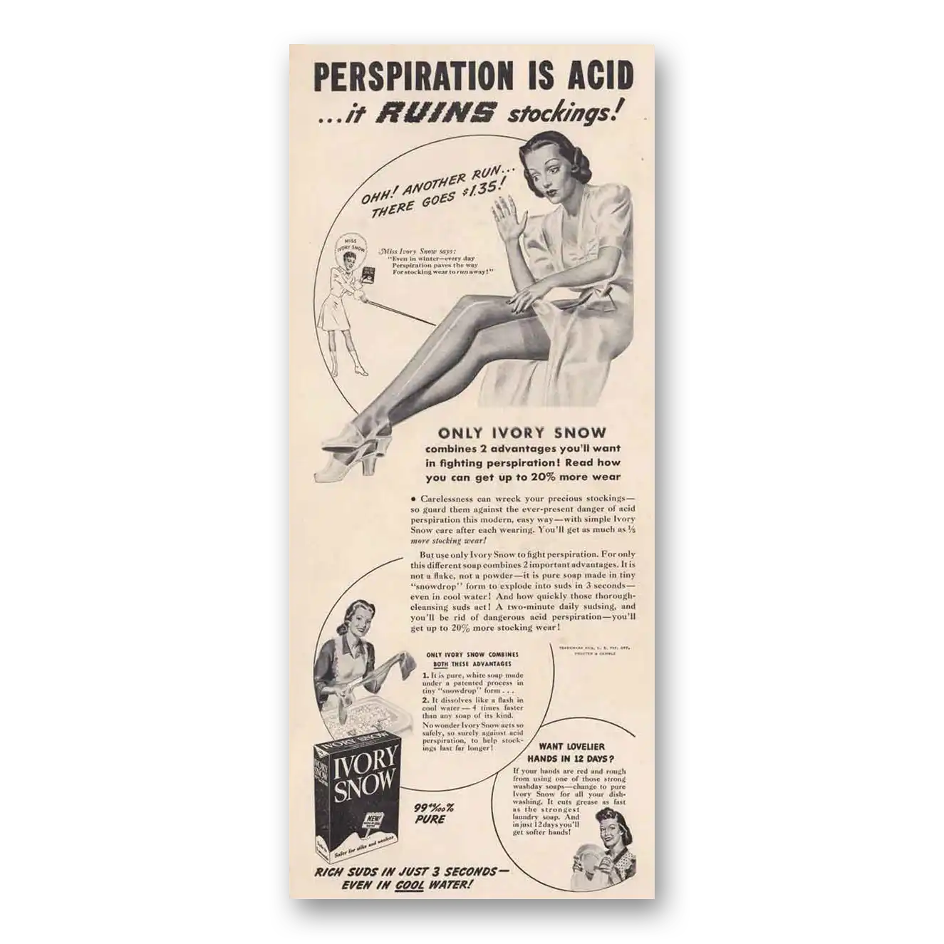 1942 Ivory Snow Perspiration is Acid It Ruins Stockings Vintage Magazine Print Ad