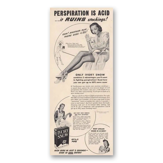 1942 Ivory Snow Perspiration is Acid It Ruins Stockings Vintage Magazine Print Ad