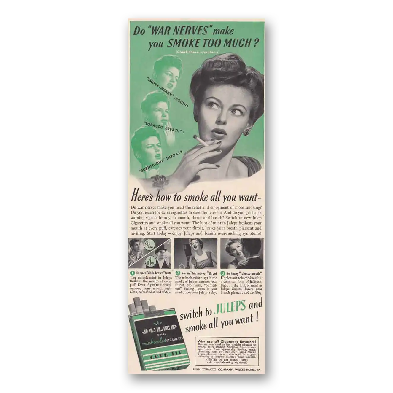 1942 Julep Cigarettes War Nerves Smoke Too Much Vintage Magazine Print Ad