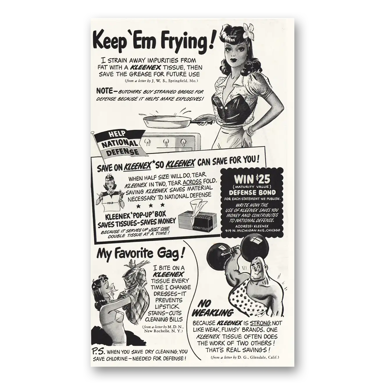 1942 Kleenex Keem Em Frying Vintage Magazine Print Ad