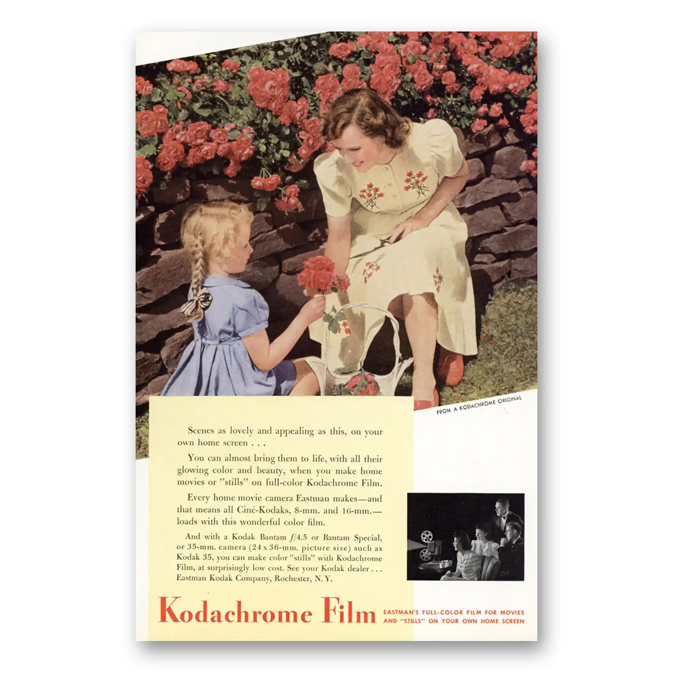 1942 Kodachrome Film Flowers Yellow Dress Vintage Magazine Print Ad