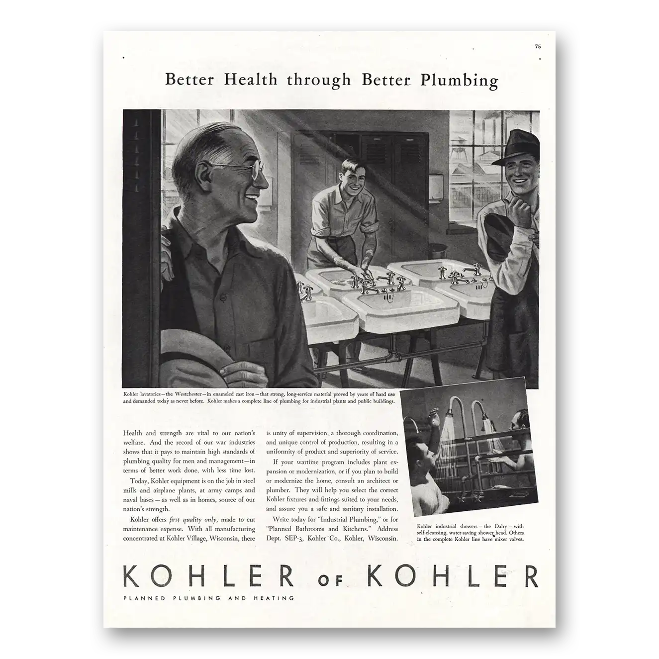 1942 Kohler Better Health Better Plumbing Vintage Magazine Print Ad