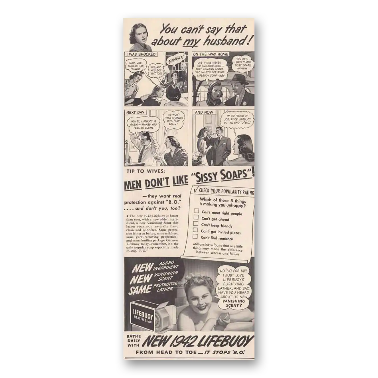 1942 Lifebuoy Soap Men Don't Like Sissy Soaps Vintage Magazine Print Ad