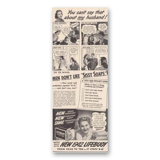 1942 Lifebuoy Soap Men Don't Like Sissy Soaps Vintage Magazine Print Ad