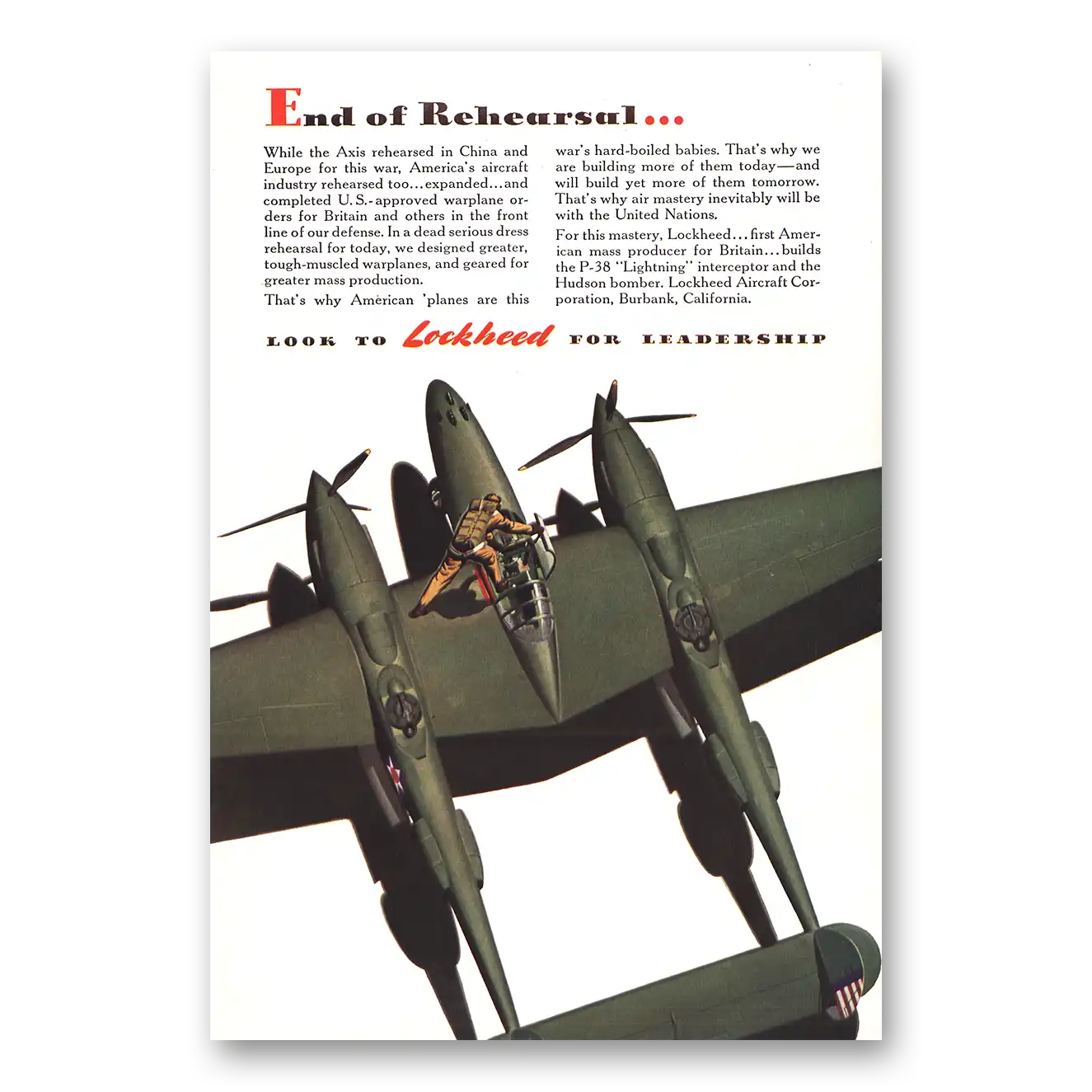 1942 Lockheed P38 Lightning End of Rehearsal Vintage Magazine Print Ad