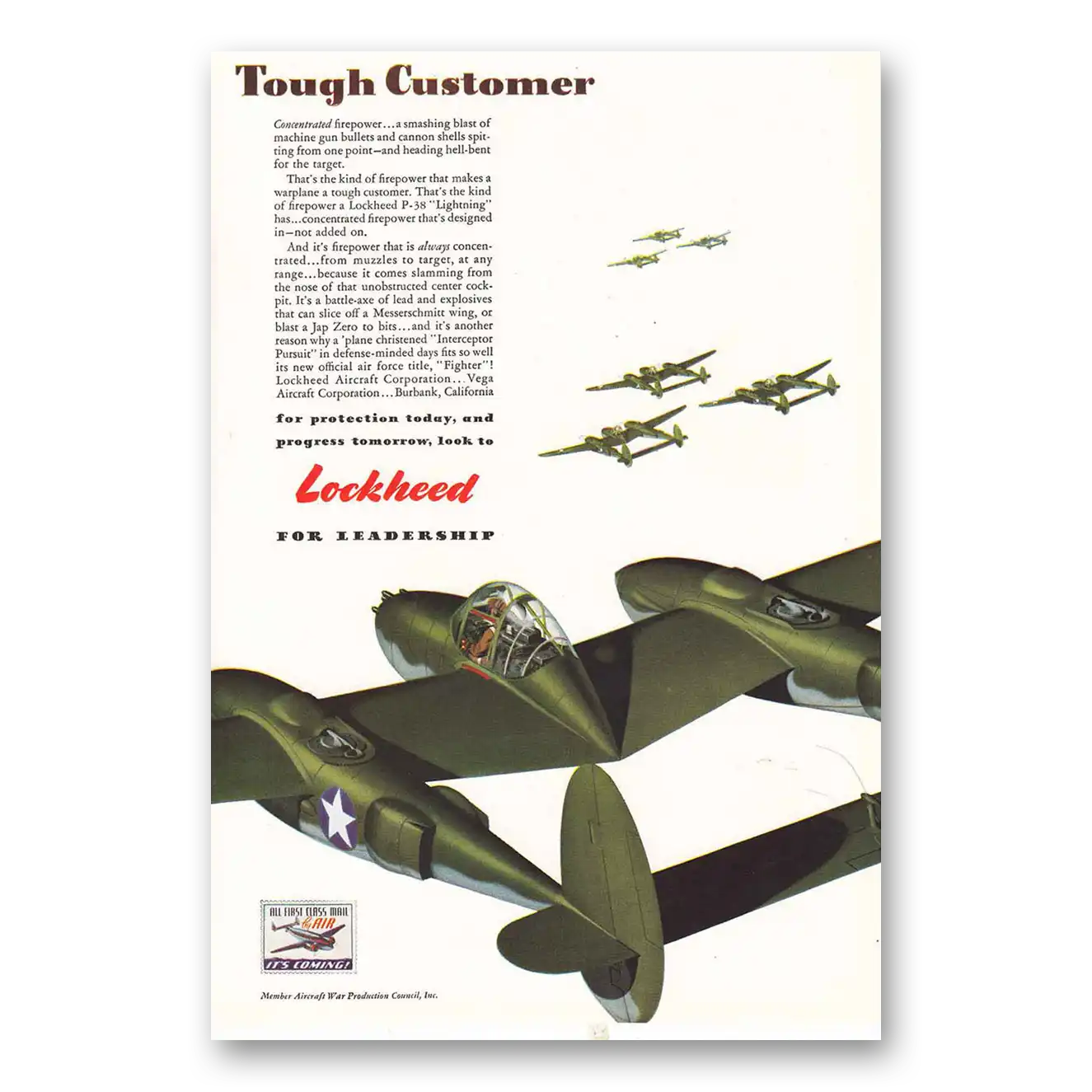 1942 Lockheed P38 Lightning Tough Customer Vintage Magazine Print Ad