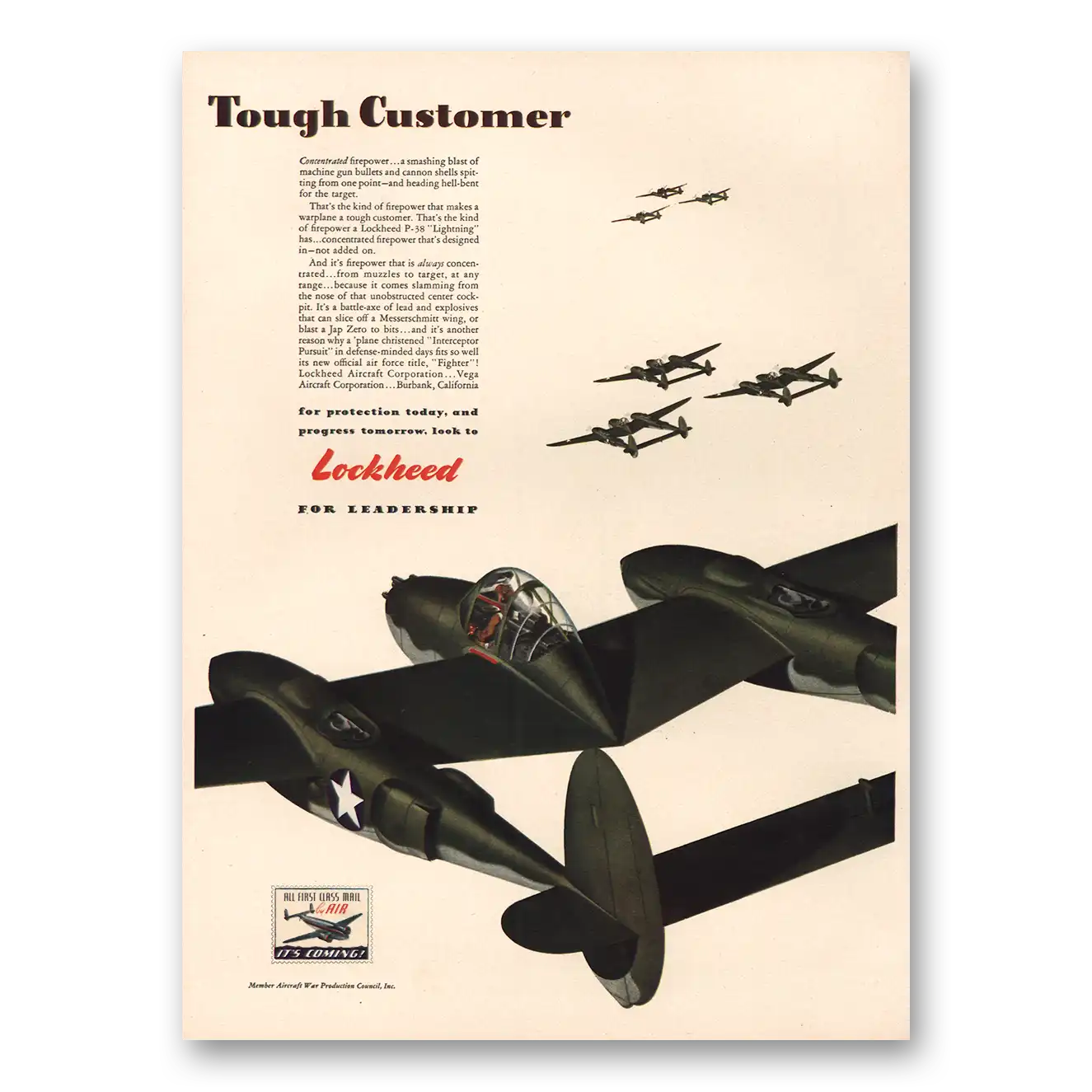 1942 Lockheed Tough Customer Vintage Magazine Print Ad