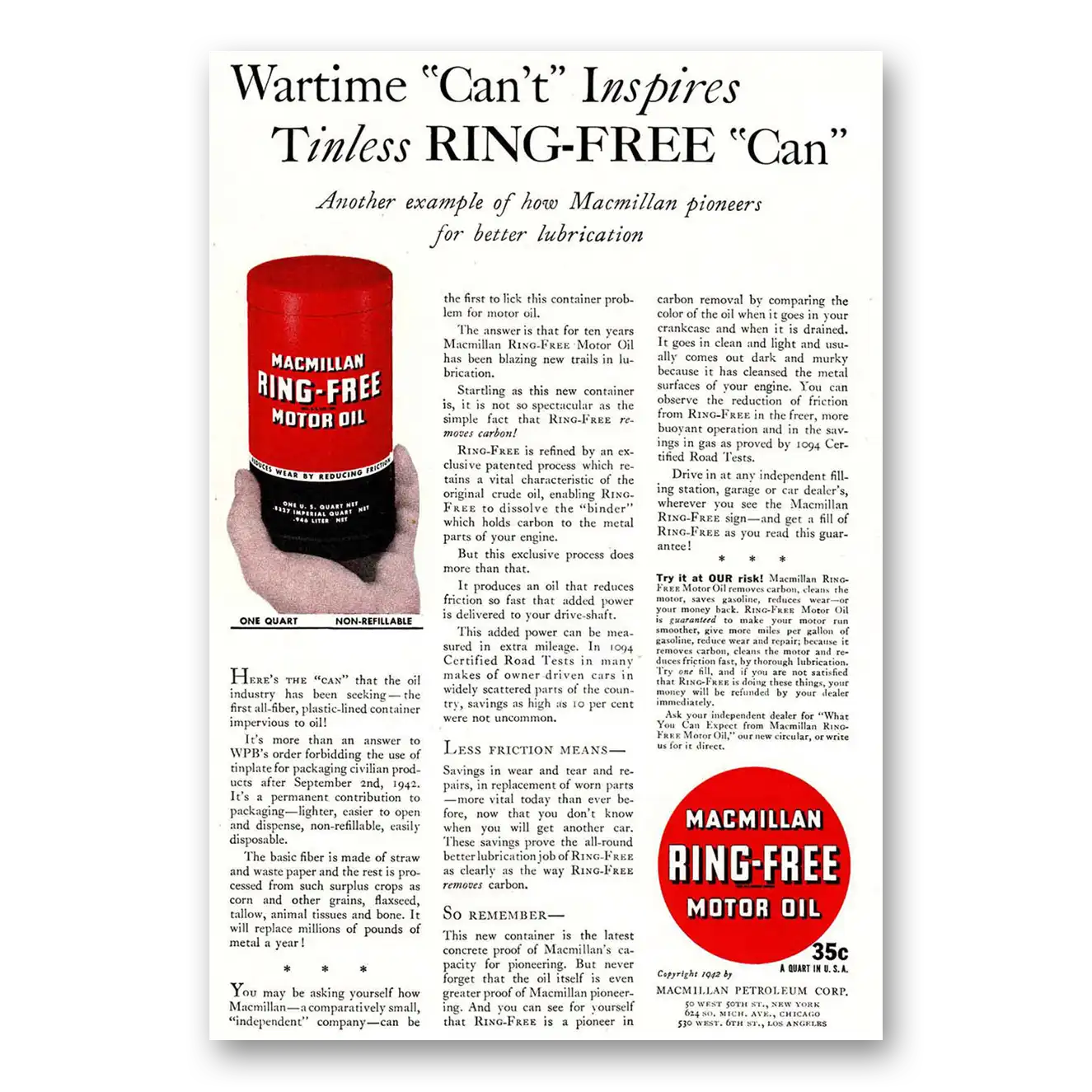 1942 Macmillan Oil Wartime Cant Inspires Tinless Vintage Magazine Print Ad