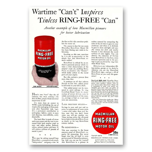 1942 Macmillan Oil Wartime Cant Inspires Tinless Vintage Magazine Print Ad