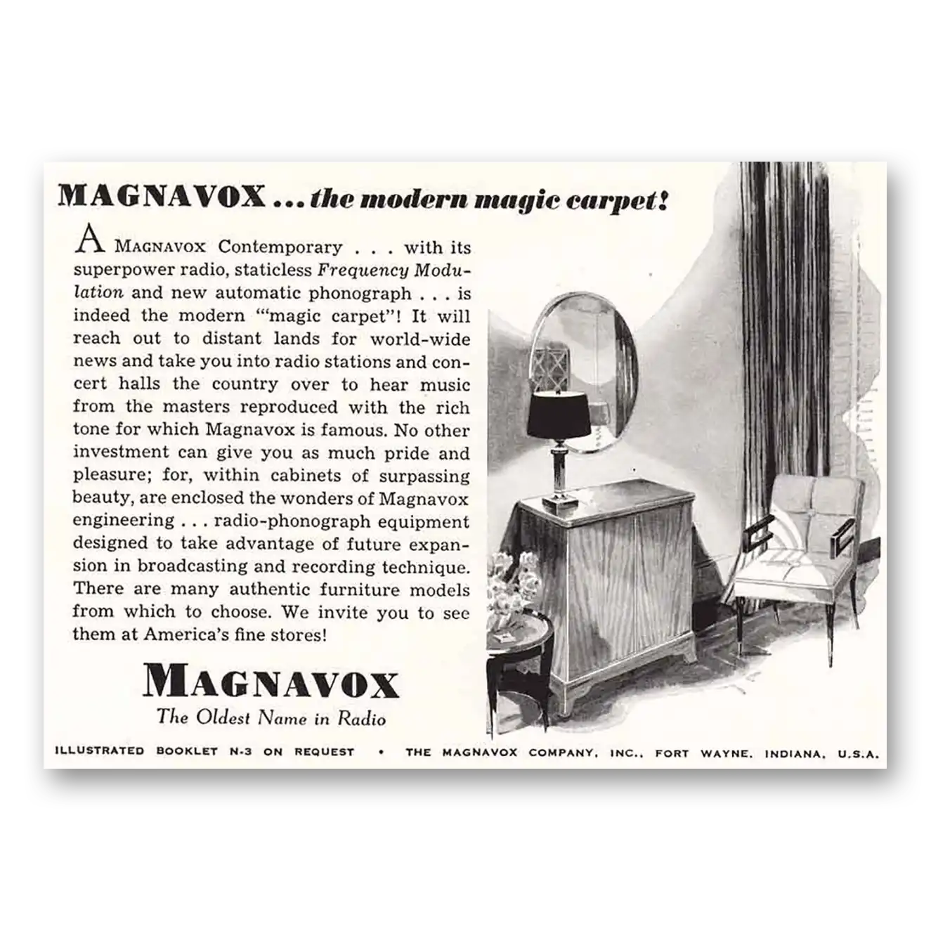 1942 Magnavox Radio Phonograph Modern Magic Carpet Vintage Magazine Print Ad