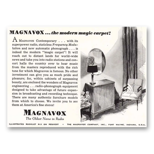 1942 Magnavox Radio Phonograph Modern Magic Carpet Vintage Magazine Print Ad