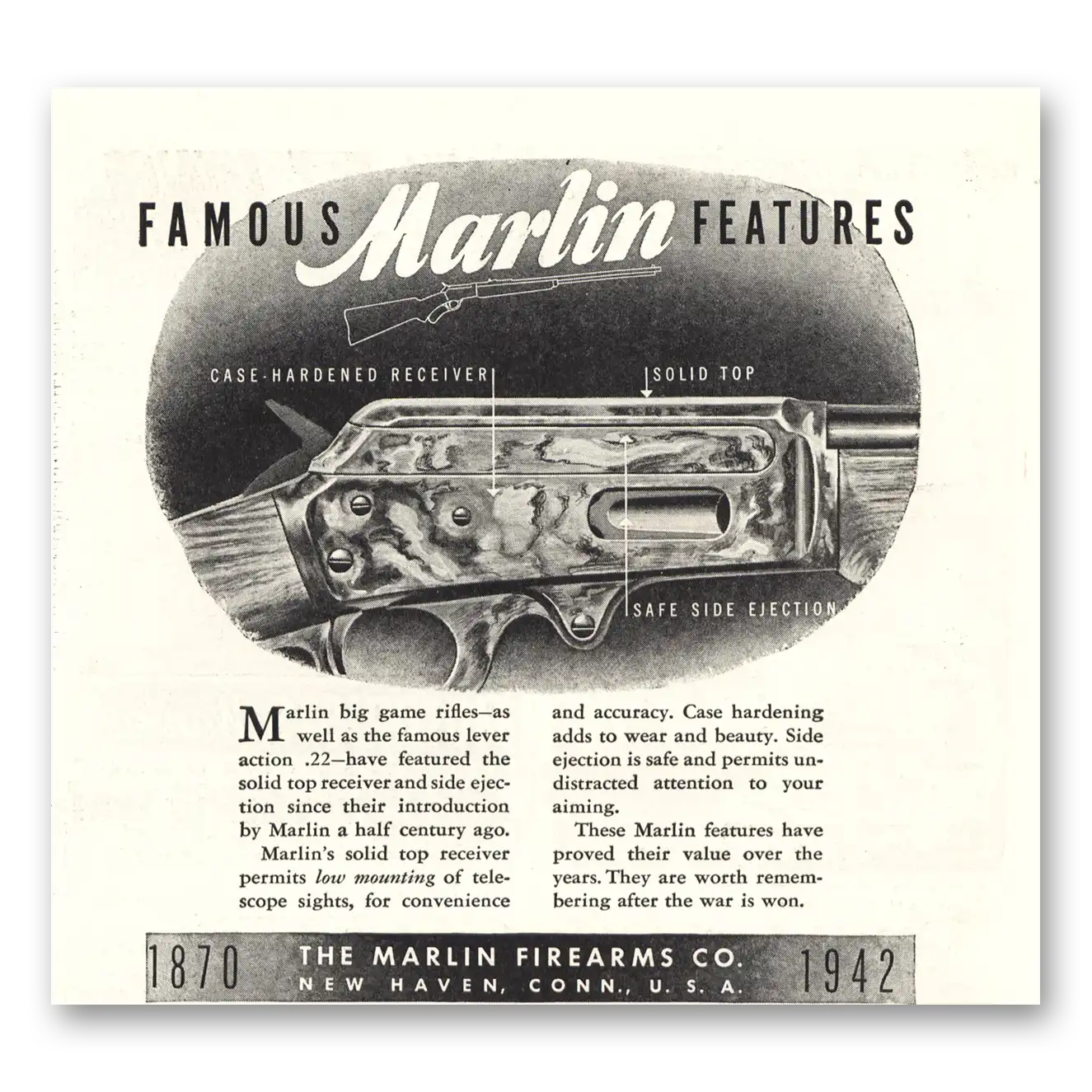 1942 Marlin Firearms Famous Marlin Features Vintage Magazine Print Ad