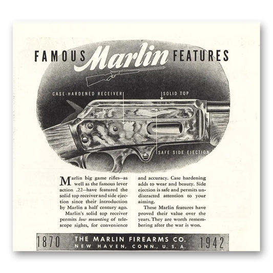 1942 Marlin Firearms Famous Marlin Features Vintage Magazine Print Ad