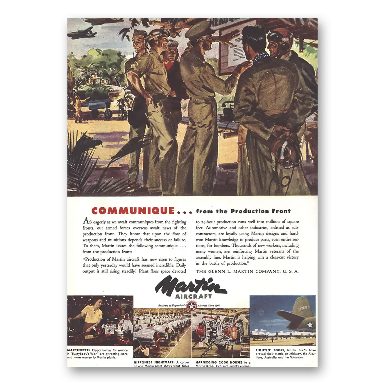 1942 Martin Aircraft Communique Production Front Vintage Magazine Print Ad