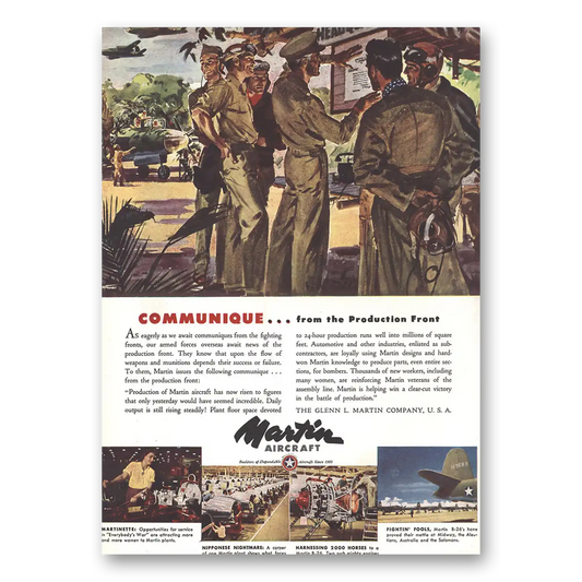 1942 Martin Aircraft Communique Production Front Vintage Magazine Print Ad