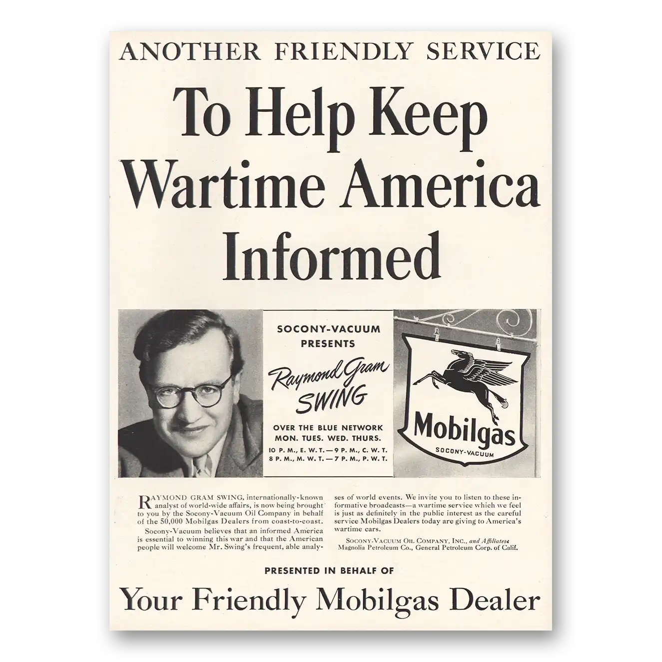 1942 Mobilgas Keep Wartime America Informed Raymond Gram Vintage Magazine Print Ad