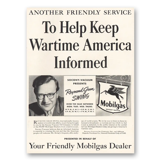 1942 Mobilgas Keep Wartime America Informed Raymond Gram Vintage Magazine Print Ad