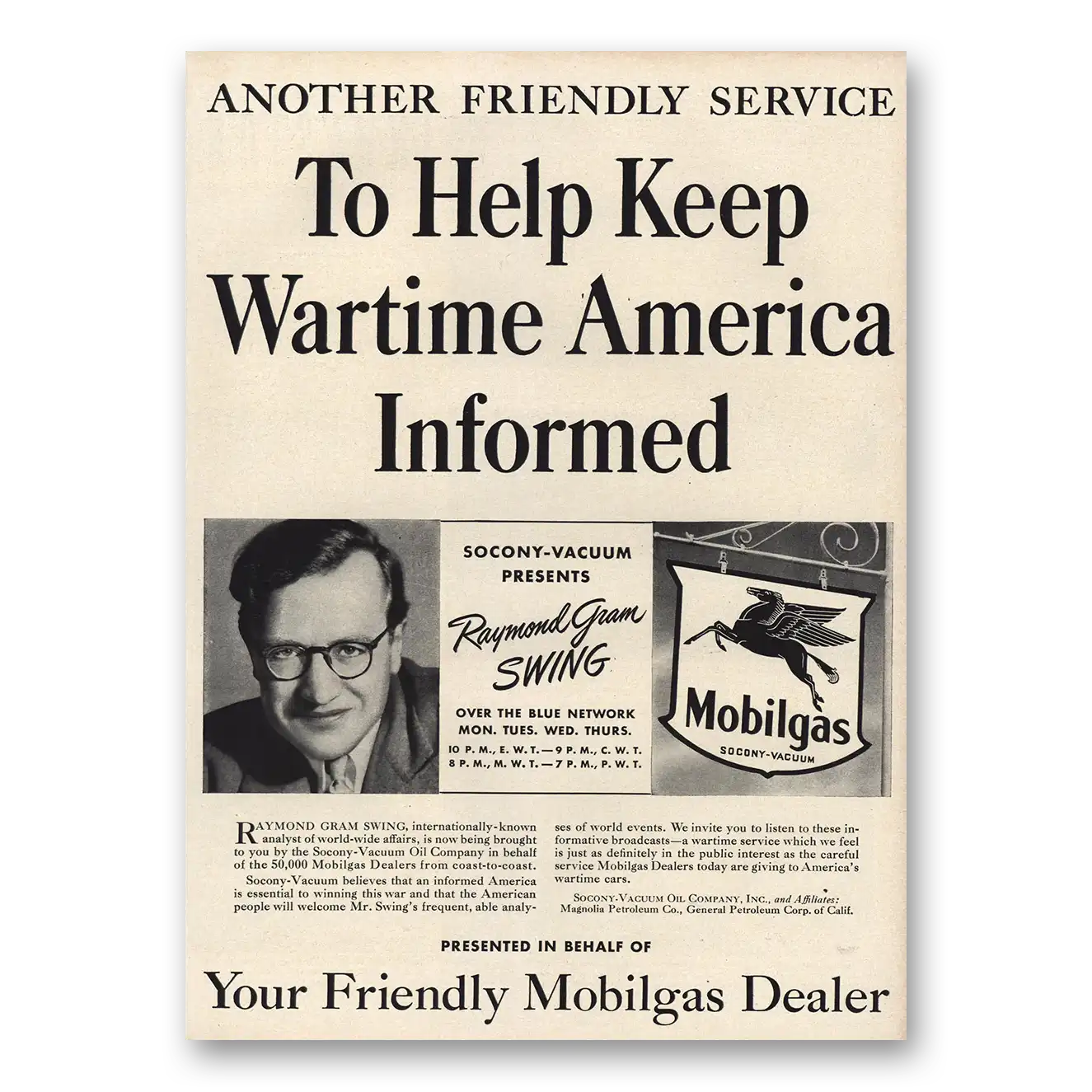 1942 Mobilgas Keep Wartime America Informed Vintage Magazine Print Ad