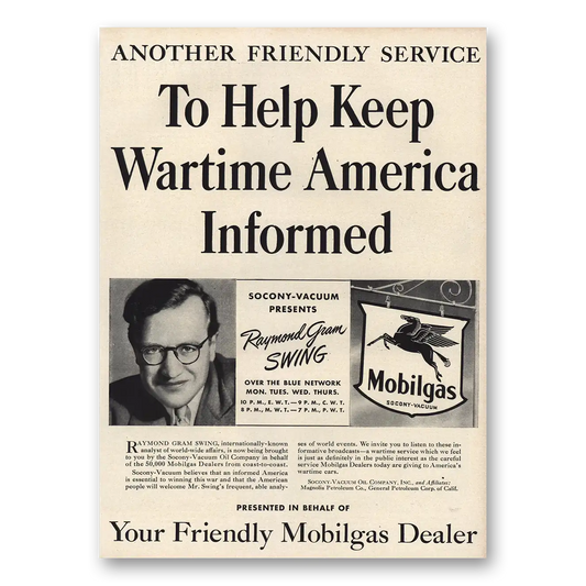 1942 Mobilgas Keep Wartime America Informed Vintage Magazine Print Ad