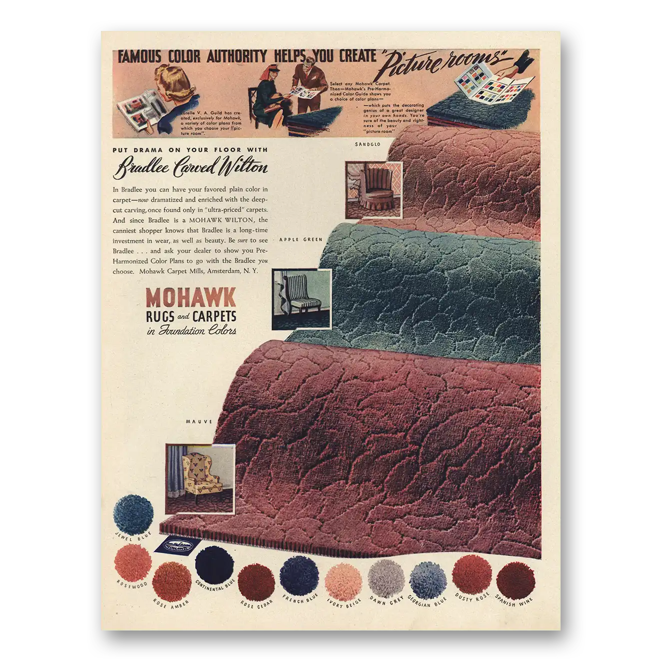 1942 Mohawk Carpet Mills Famous Color Authority Picture Room Vintage Magazine Print Ad