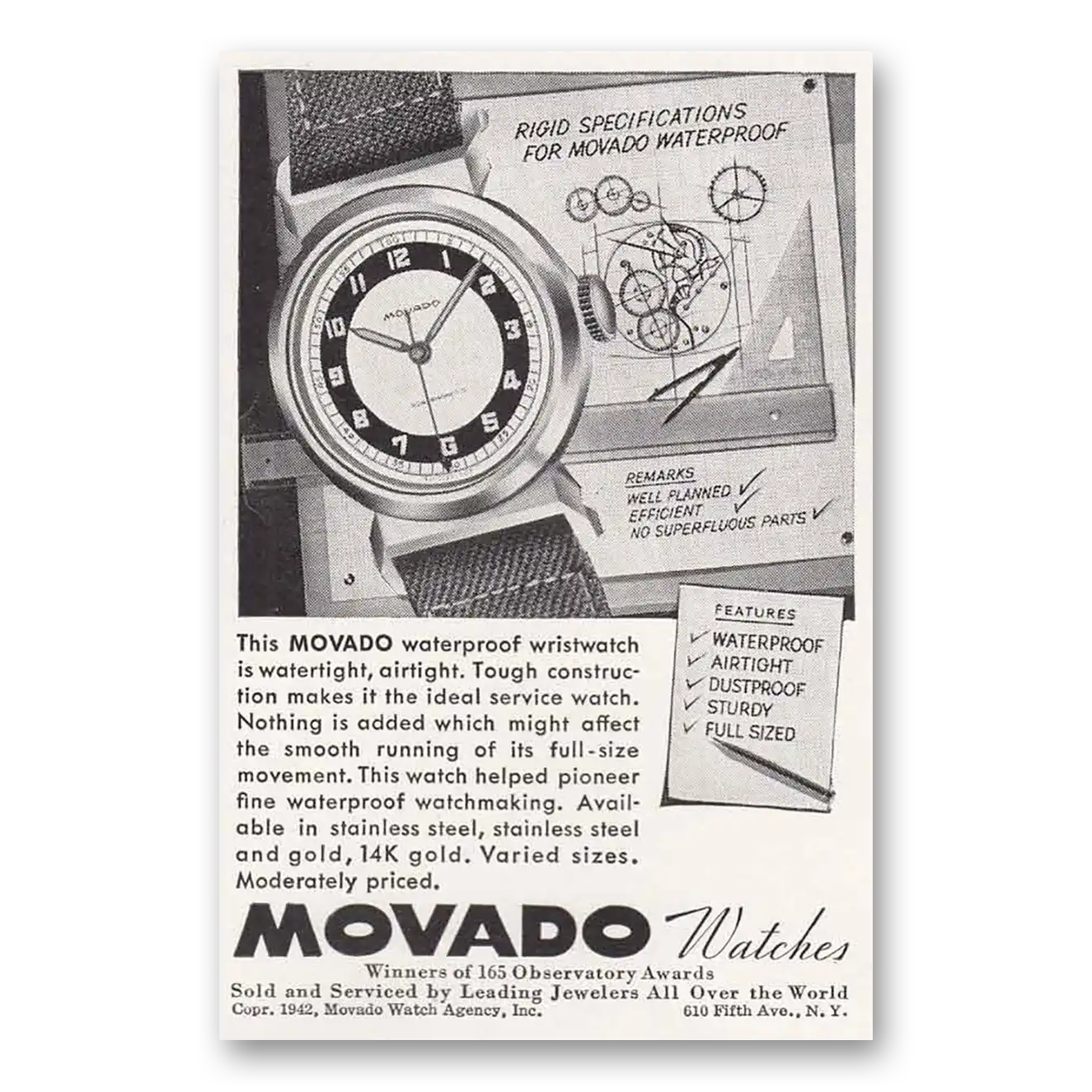 1942 Movado Watch Rigid Specifications Waterproof Vintage Magazine Print Ad