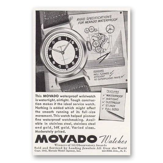 1942 Movado Watch Rigid Specifications Waterproof Vintage Magazine Print Ad