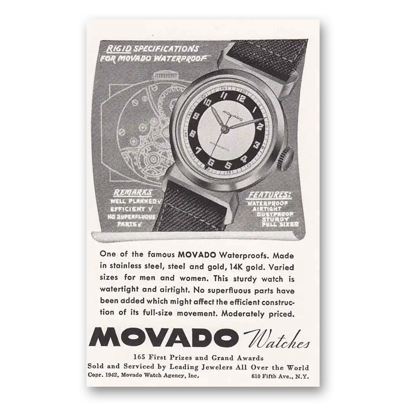 1942 Movado Watch Rigid Specifications Waterproof Vintage Magazine Print Ad