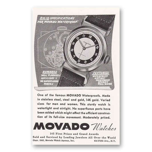 1942 Movado Watch Rigid Specifications Waterproof Vintage Magazine Print Ad