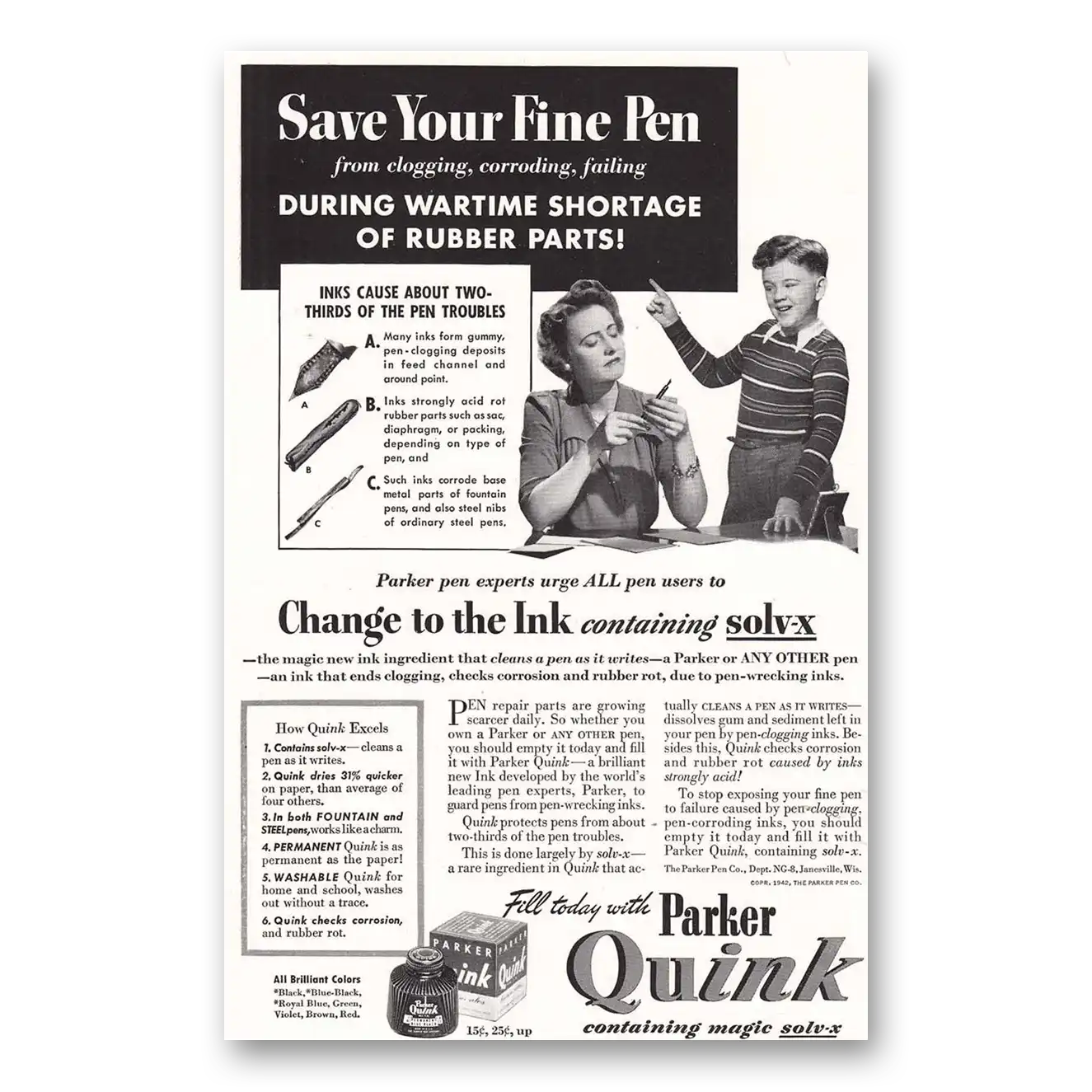 1942 Parker Quink Ink Save Your Fine Pen Vintage Magazine Print Ad