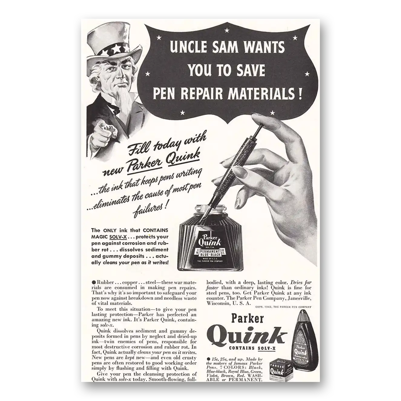 1942 Parker Quink Ink Uncle Sam Vintage Magazine Print Ad