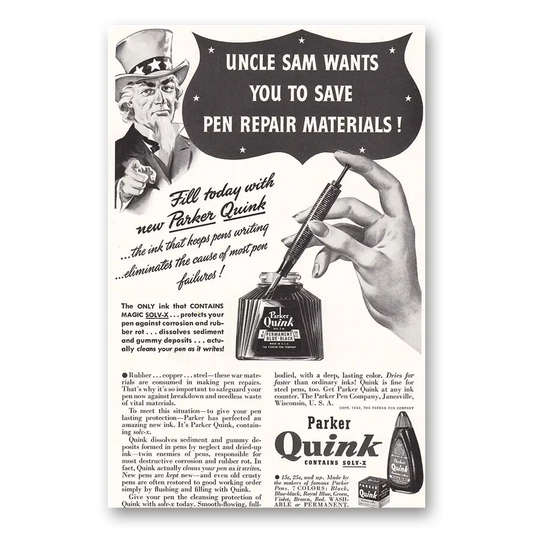 1942 Parker Quink Ink Uncle Sam Vintage Magazine Print Ad