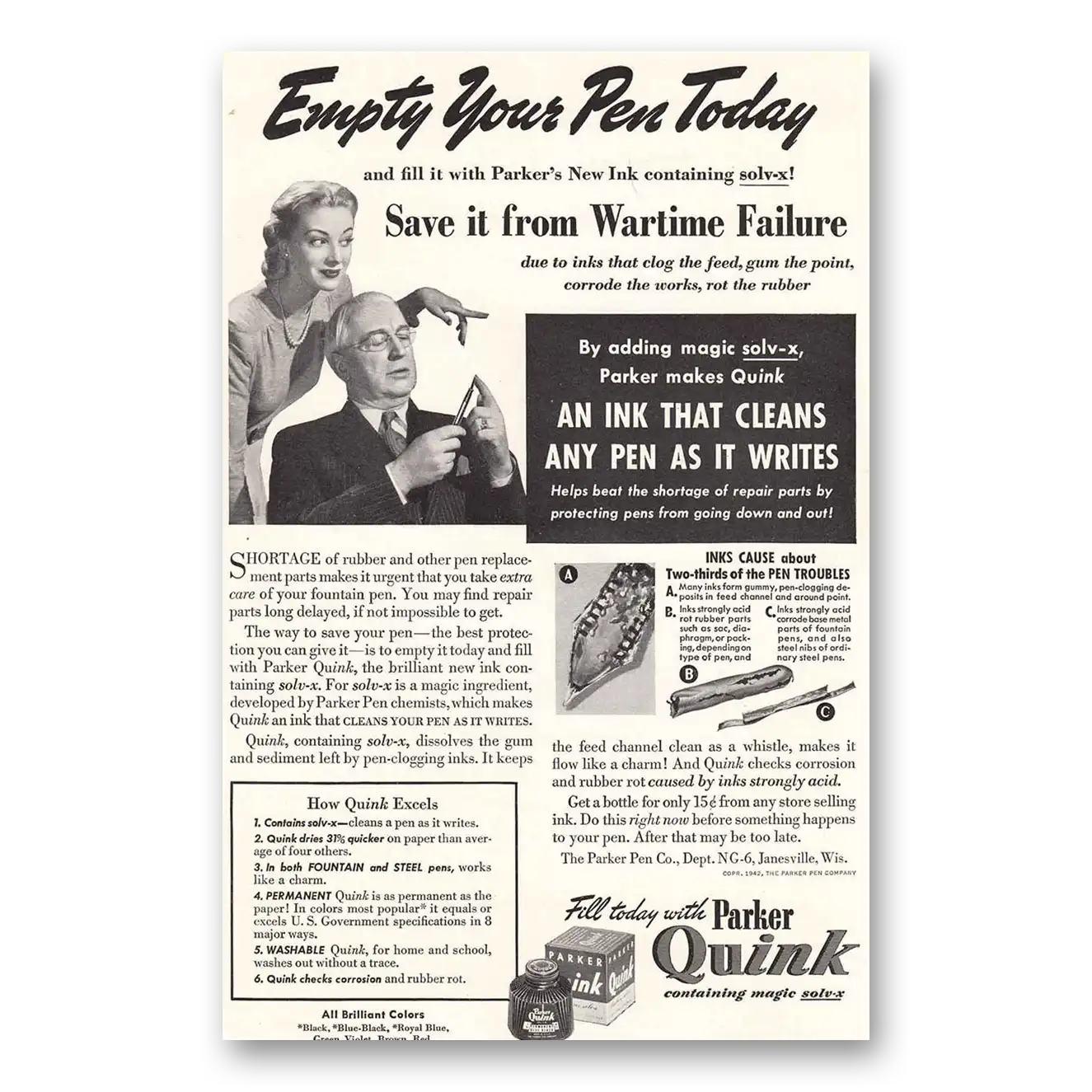 1942 Parker Quink Ink Wartime Failure Vintage Magazine Print Ad