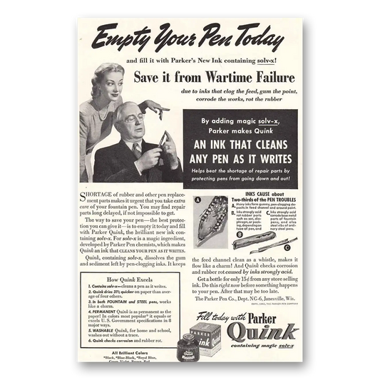 1942 Parker Quink Ink Wartime Failure Vintage Magazine Print Ad