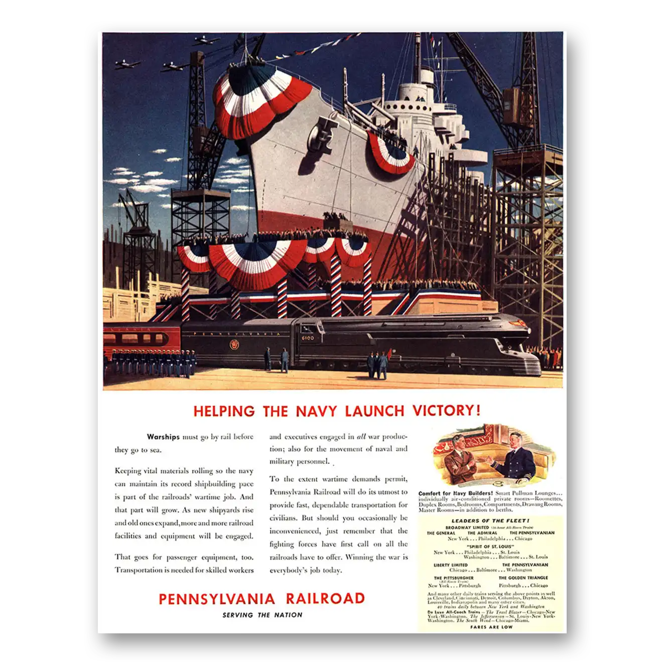 1942 Pennsylvania Railroad Helping the Navy Launch Victory Vintage Magazine Print Ad