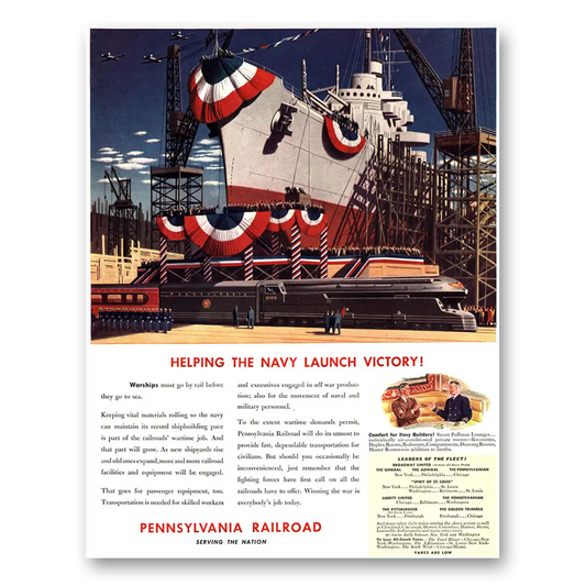 1942 Pennsylvania Railroad Helping the Navy Launch Victory Vintage Magazine Print Ad