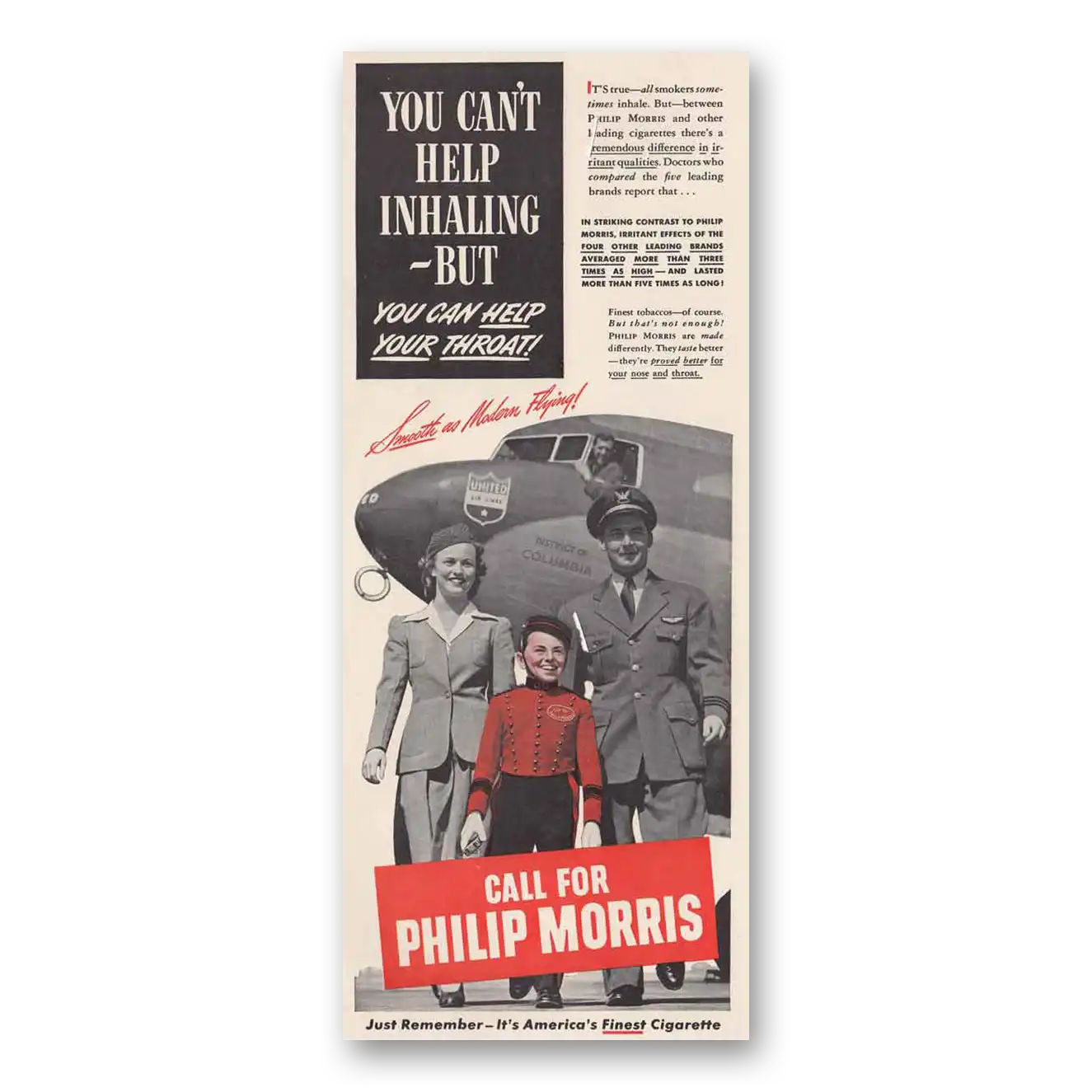 1942 Philip Morris Cigarettes You Can't Help Inhaling United Airlines Vintage Magazine Print Ad