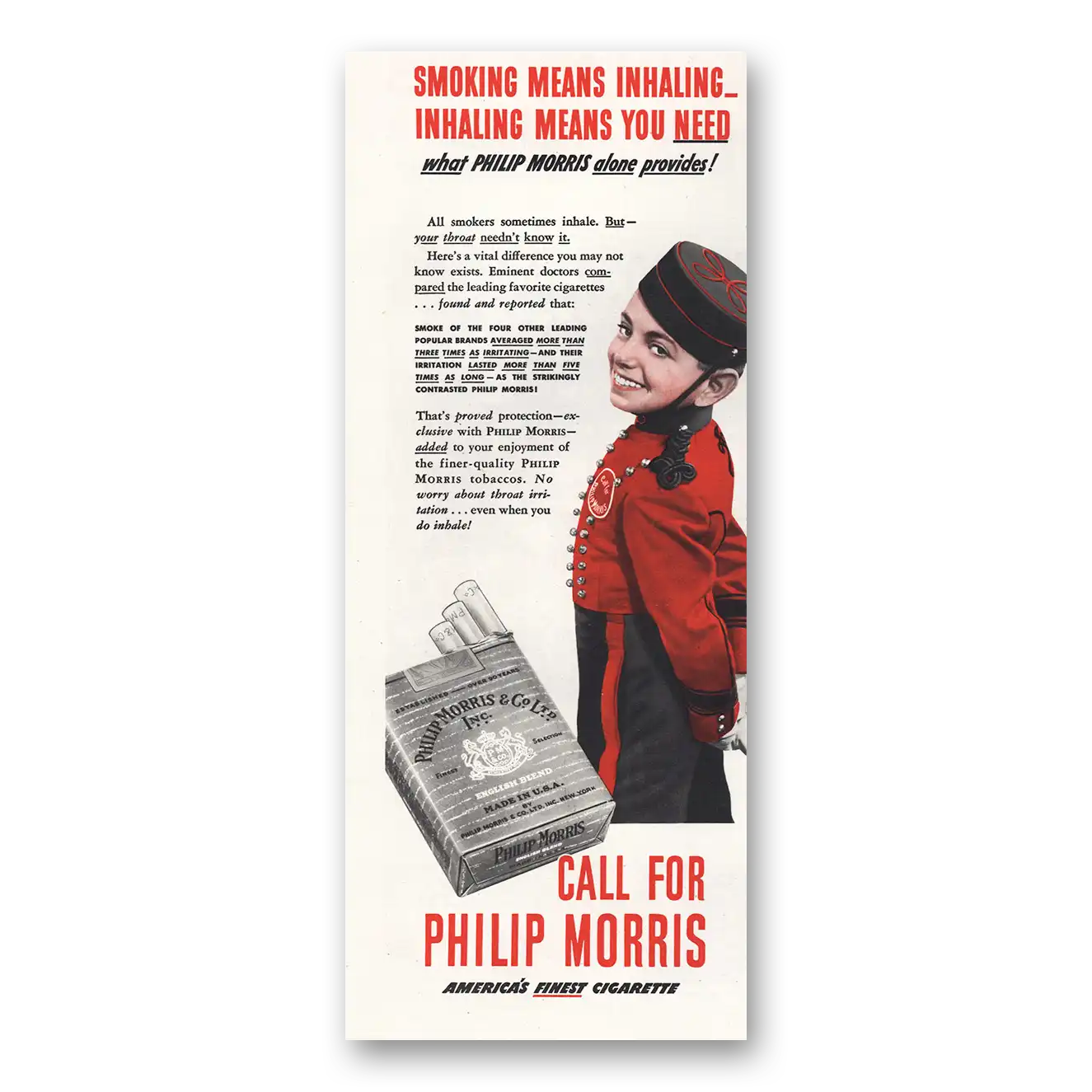 1942 Philip Morris Smoking Means Inhaling Vintage Magazine Print Ad