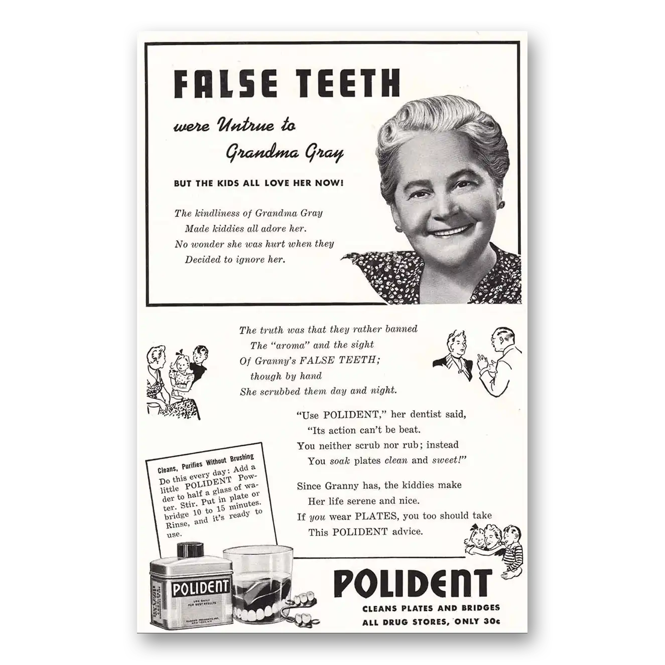 1942 Polident Grandma Gray Vintage Magazine Print Ad