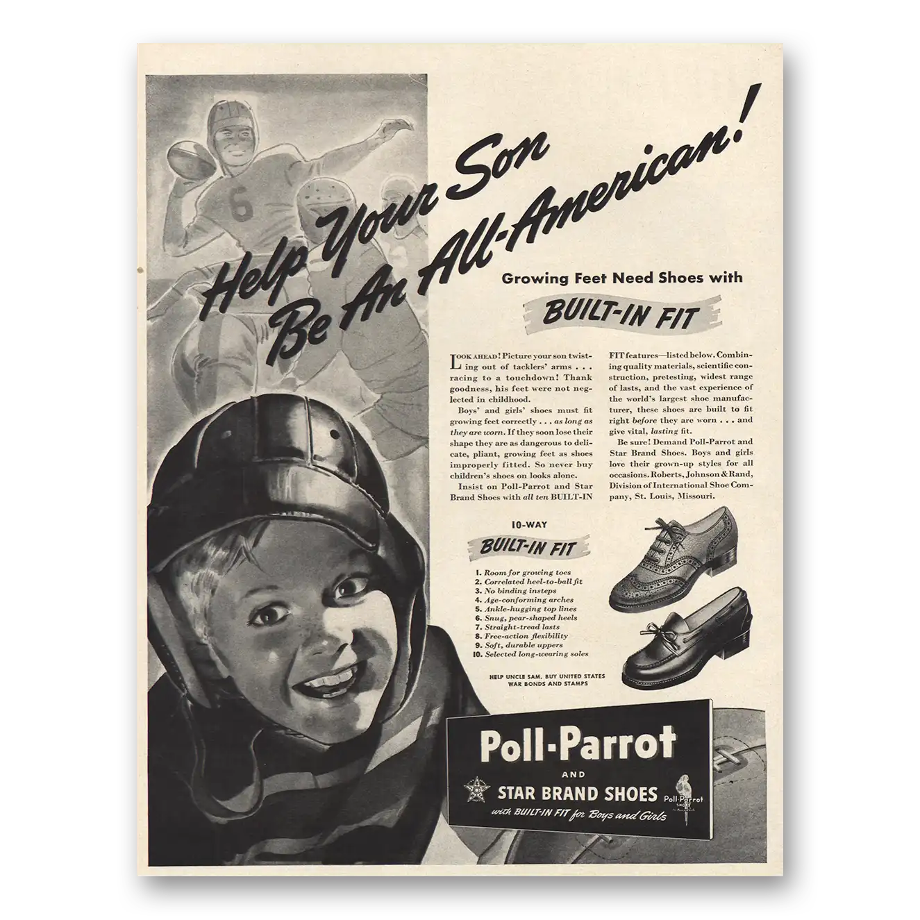 1942 Poll Parrot Shoes Help Your Son All American Vintage Magazine Print Ad