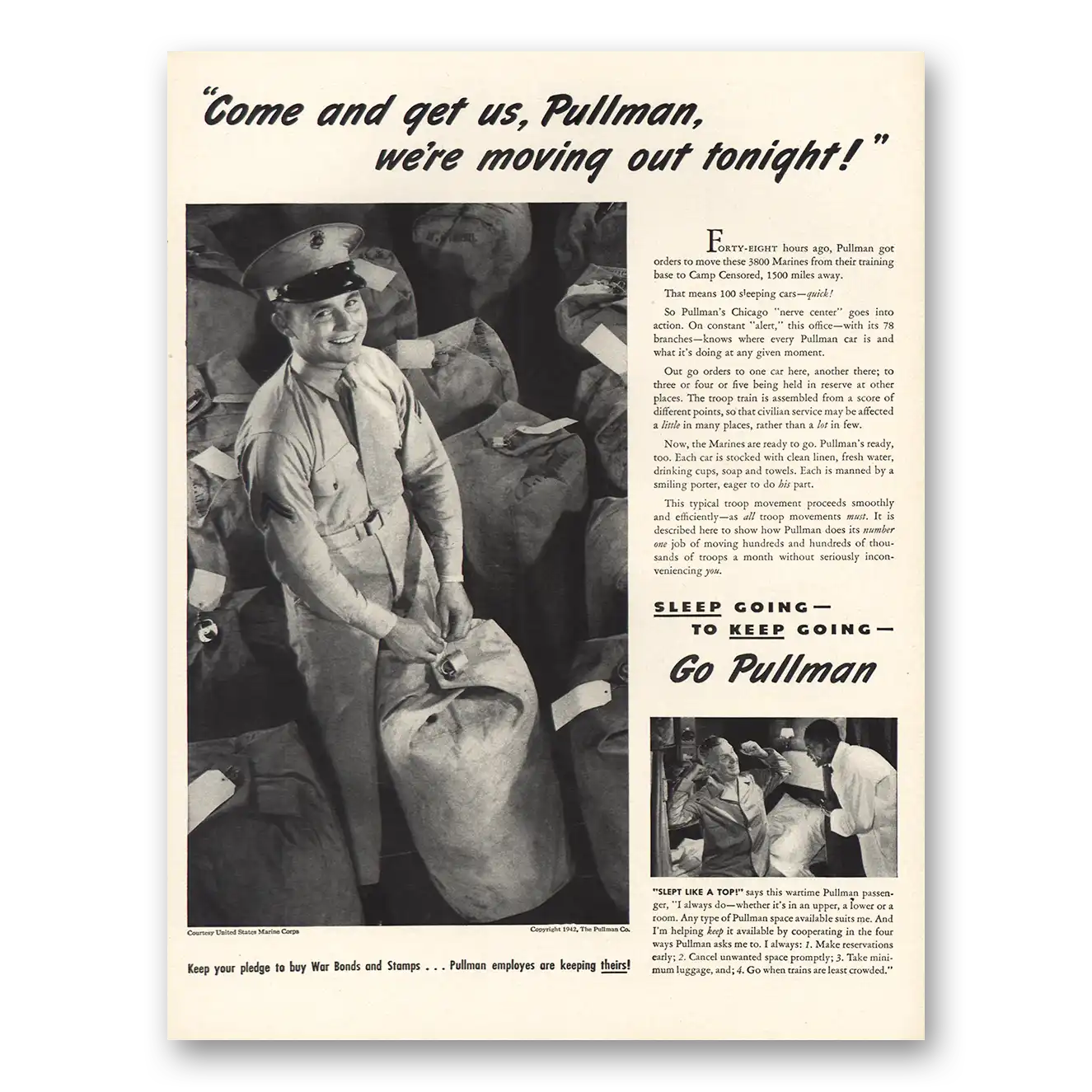 1942 Pullman Come and Get Us We're Moving Out Tonight Vintage Magazine Print Ad