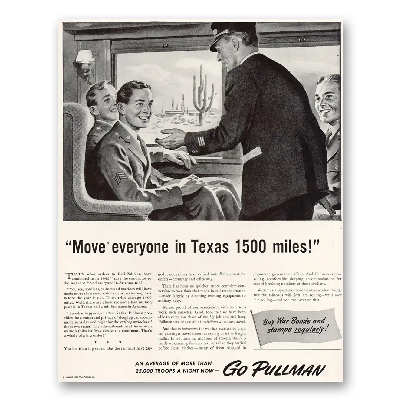 1942 Pullman Move Everyone In Texas 1500 Miles Vintage Magazine Print Ad