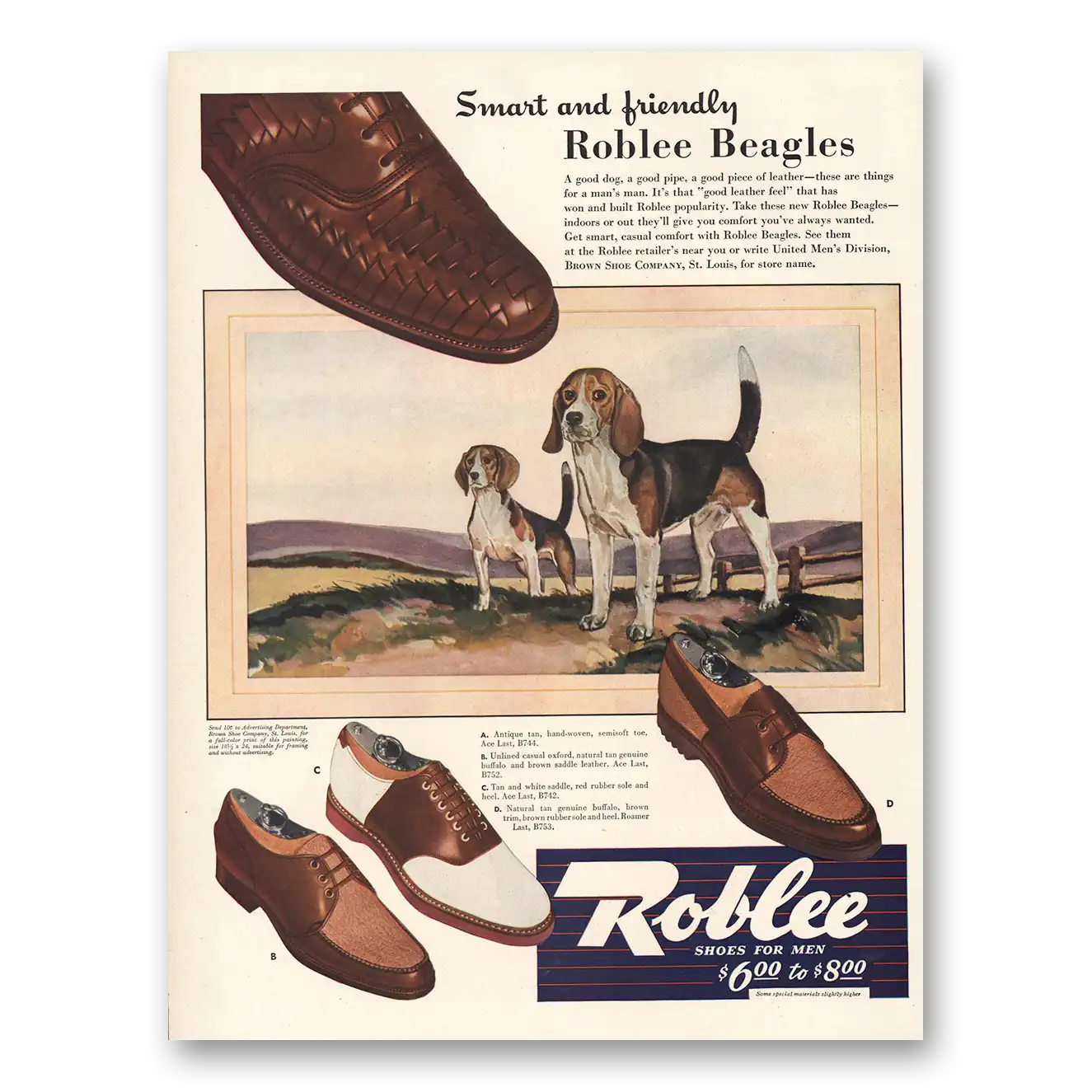 1942 Roblee Shoes Smart and  Friendly Beagles Vintage Magazine Print Ad