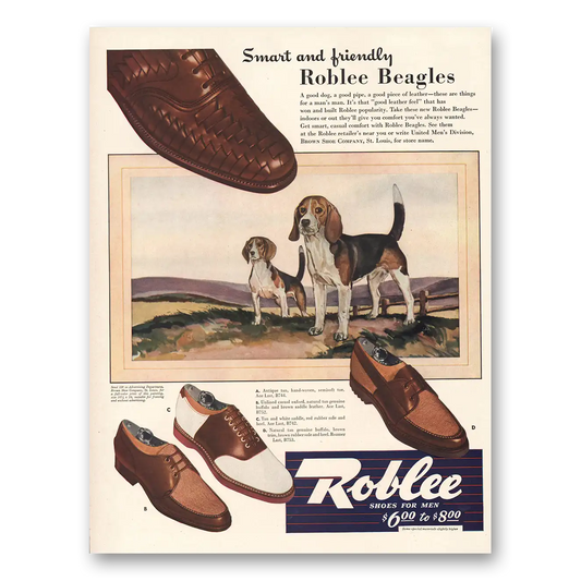 1942 Roblee Shoes Smart and  Friendly Beagles Vintage Magazine Print Ad