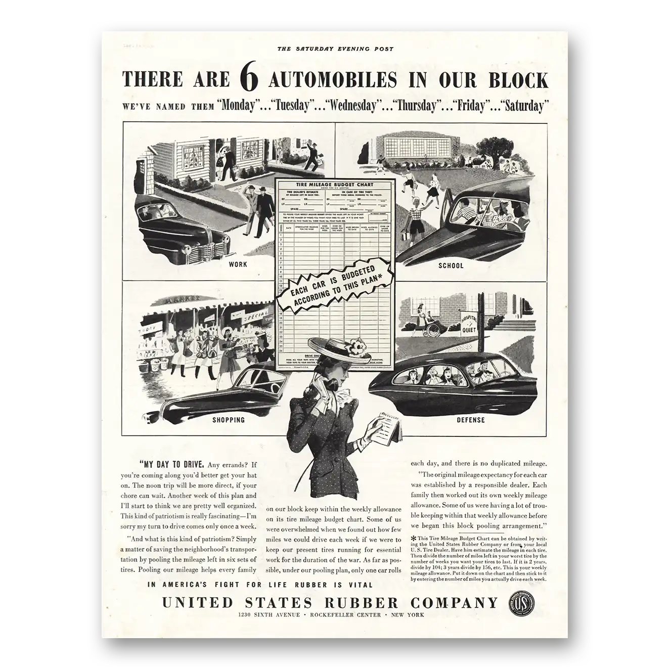 1942 United States Rubber 6 Automobiles In Our Block Vintage Magazine Print Ad