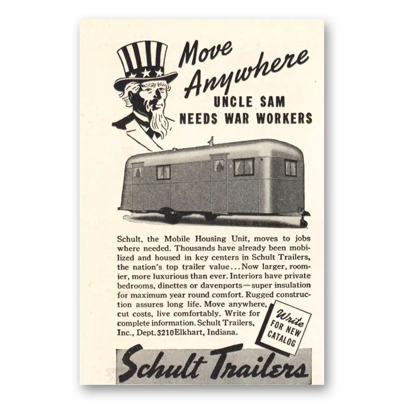 1942 Schult Trailer Coaches Anywhere Uncle Sam Needs War Workers Vintage Magazine Print Ad