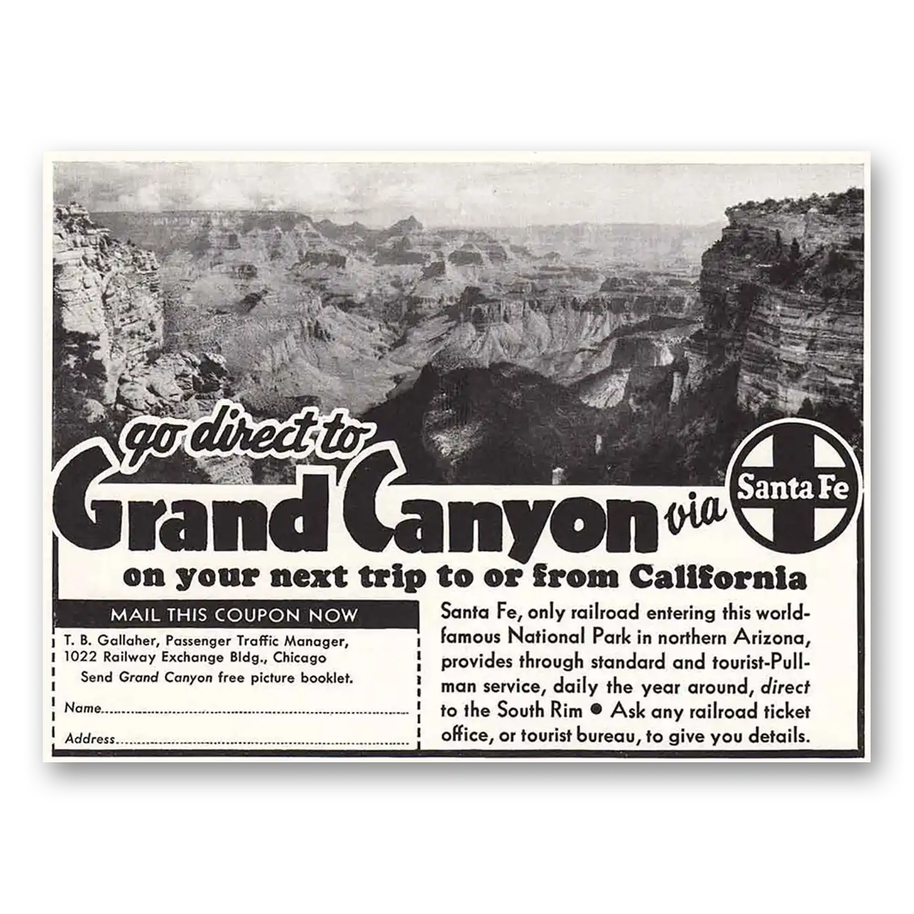 1942 Santa Fe Railway Grand Canyon Vintage Magazine Print Ad