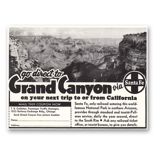 1942 Santa Fe Railway Grand Canyon Vintage Magazine Print Ad