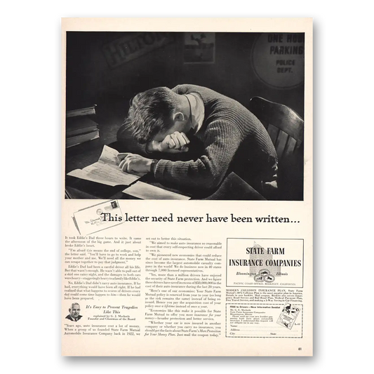 1942 State Farm Insurance This Letter Need Never Have Been Written Vintage Magazine Print Ad
